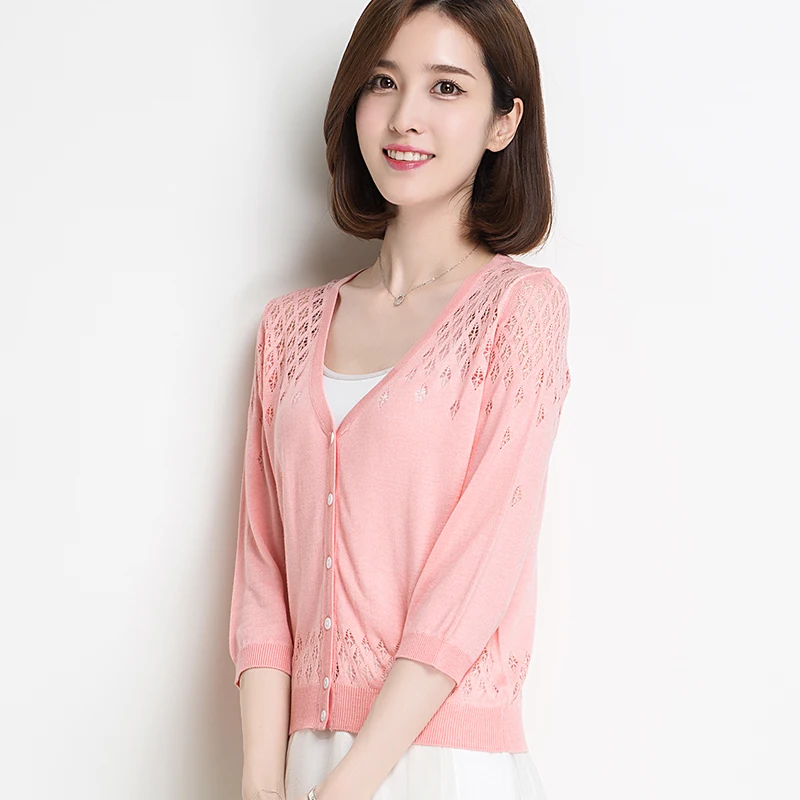 Style Knitted Cardigan Sweater New Fashio Autumn Summer Crochet Sweaters silkn Women Three Qu Sleeve Lace O-Neck Casual |