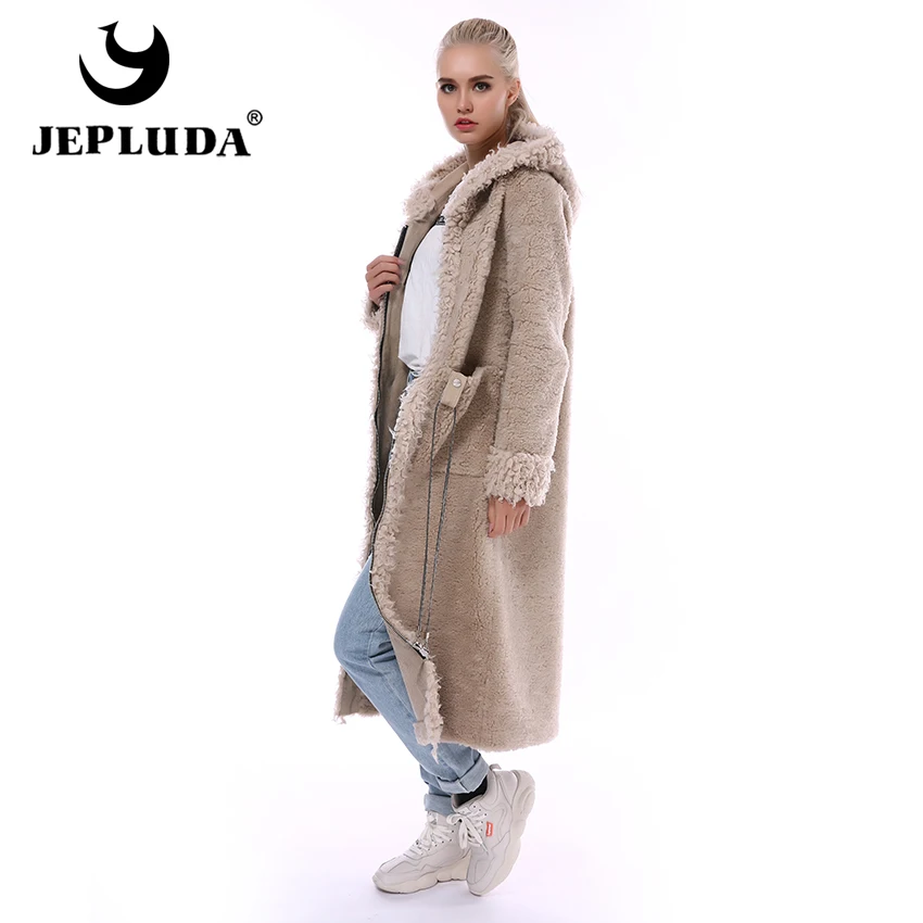 JEPLUDA Натуральный Шерсть Пальто Женское Зимнее с Капюшон Молния Длинная Необычный Teddy Пальто Женское Натуральный Мех Овечьный Зимняя Куртка Женская Натуральная Мех