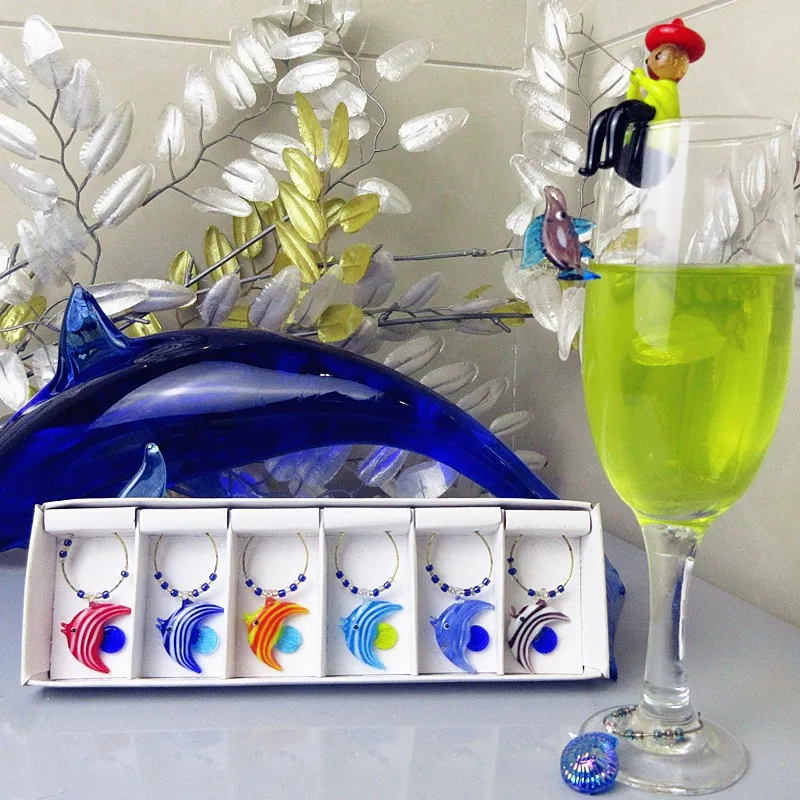 

Factory Custom murano glass Tropical fish Figurines table decorations cup marker pendant cartoon animal Wine GLASS CHARMS SET