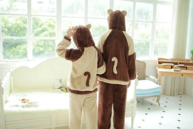 

Unisex Winter Long-sleeved men and women thickening warm cute bear sleepwear pajamas set with hooded
