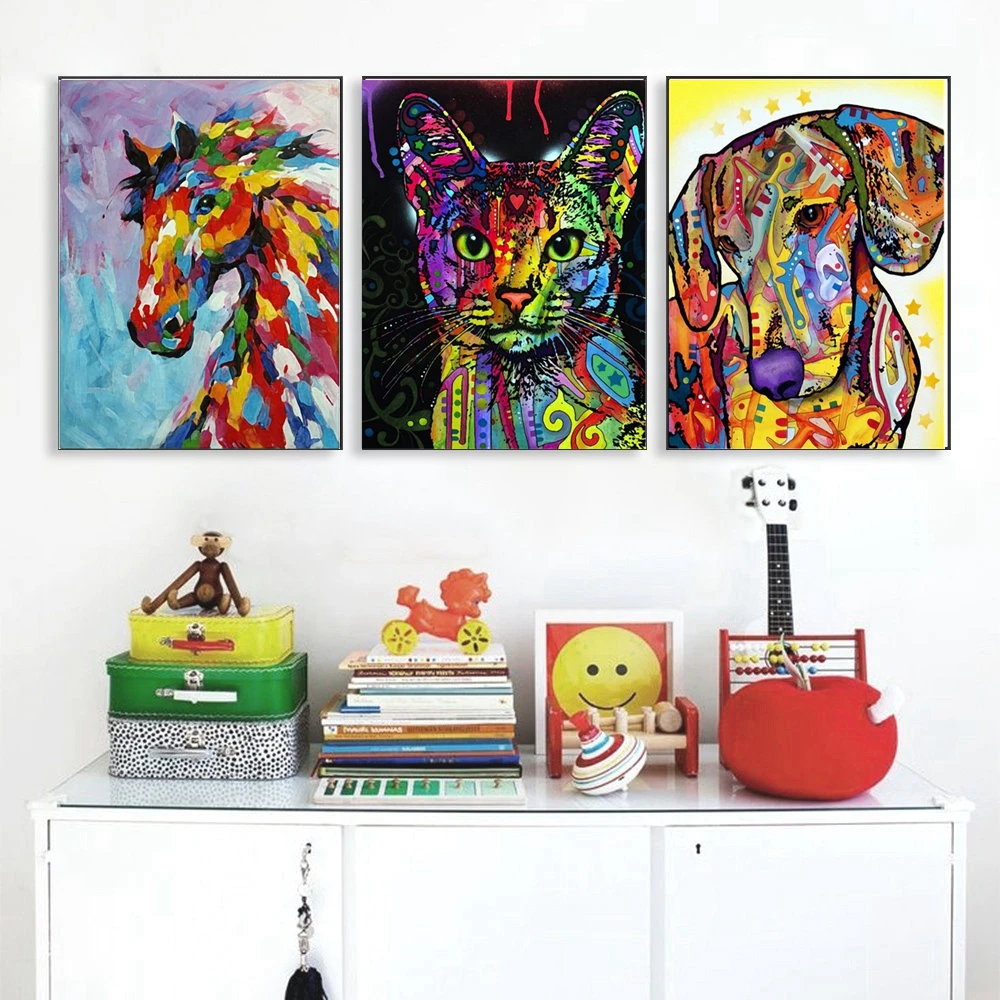 Многоцветный Животные картина маслом на холсте с милым принтом собака кот тигр