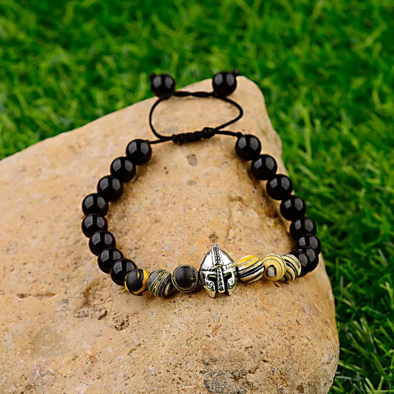 OIQUEI Pulseira Masculina 8 мм Оникс Камень Спартанский бусина шлем тканые плетеные браслеты мода энергетическая Йога браслеты для мужчин