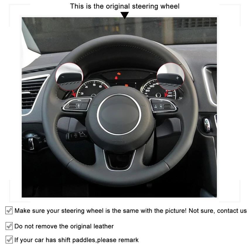 

Black Suede Genuine Leather Steering Wheel Cover for Audi Q3 (8U) 2011-2018 Q5 (8R) 2012-2017 Q7 (4L) 2011-2015 SQ5 (8R)