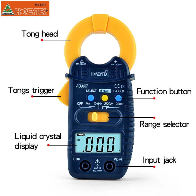 HONEYTEK-Mini multímetro Digital A3399, medidor de corriente AC/DC, probador de frecuencia de capacitancia, resistencia de voltaje