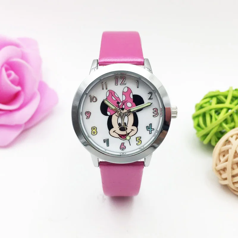Mickey 4 Мультфильм часы с изображением мыши для детей девочек Студенческие Кварцевые наручные часы PU Кожаный ремешок светящиеся руки наручные часы - Цвет: Mickey 4