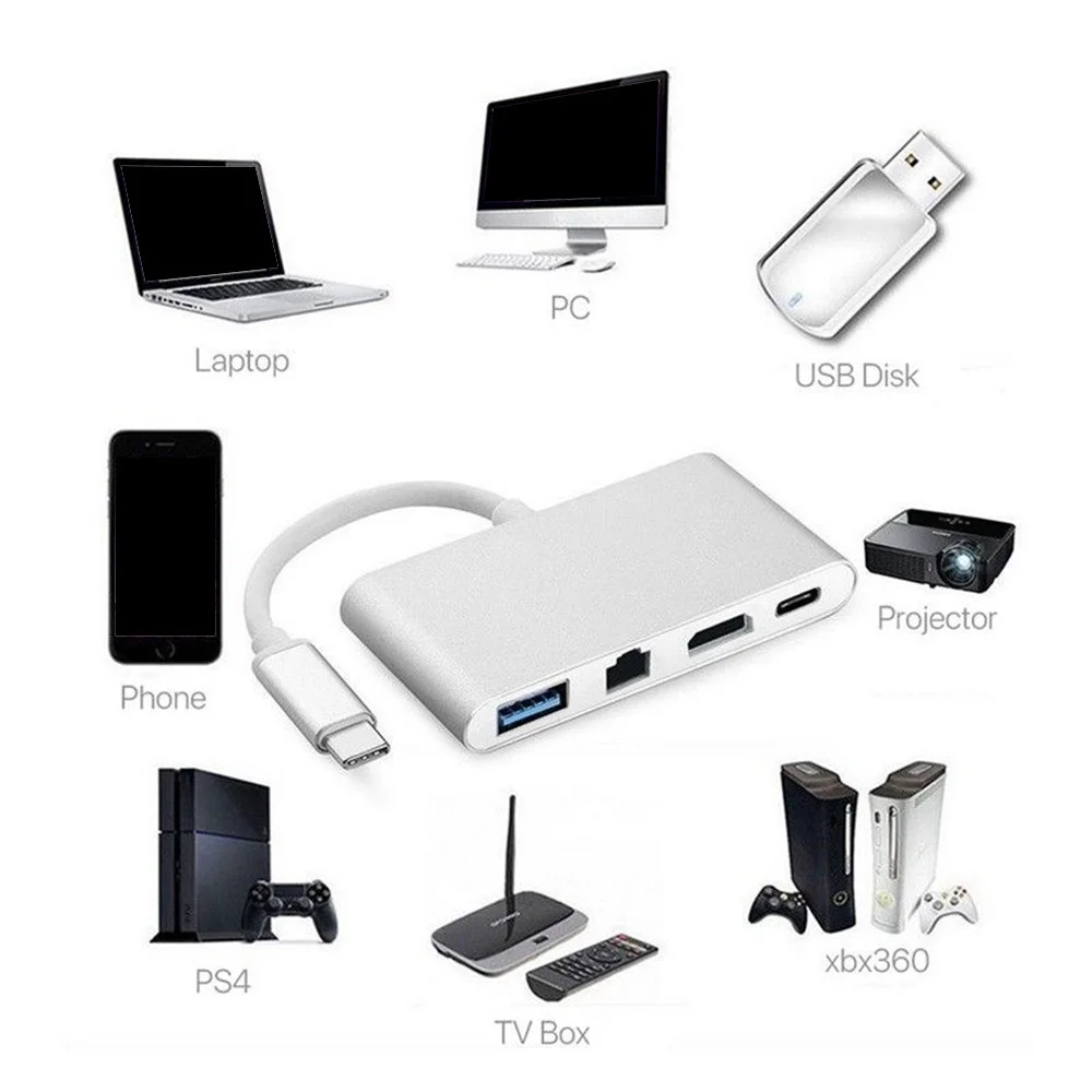 Сетевой адаптер типа C к HDMI 4K + Ethernet RJ45 Lan USB 3 0 Кабель конвертер для Macbook Air Pro