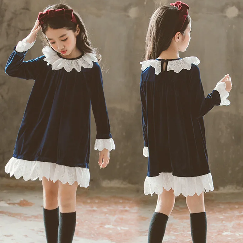 Christmas velvet teenage winter 2019 girls dresses fleece dress for girl lace patchwok long sleeve princess autumn baby | Детская одежда