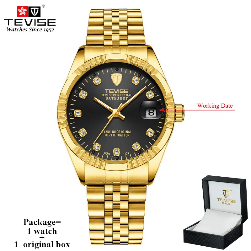 black with box Tevise Роскошные Мужские автоматические часы, золотые часы из нержавеющей стали, мужские механические наручные часы с датой, Reloj Hombre 629 - Цвет: black with box