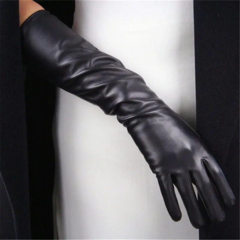 PU black Женские перчатки средней длины 40 см Яркие Кожаные полиуретановые перчатки из лакированной кожи женские кожаные P40-09 для танцев - Цвет: PU black