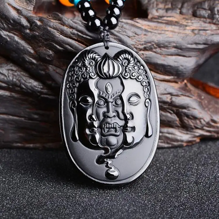 57x40mm Beautiful Natural Black Obsidian Carved Buddhism Amulet Lucky Pendant + Beads Necklace Fashion Crystal Jewelry |