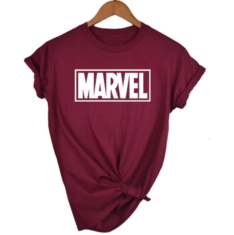 chestnut Летняя футболка с надписью MARVEL, Женская Повседневная футболка с коротким рукавом, женские топы размера плюс, Забавные футболки - Цвет: chestnut