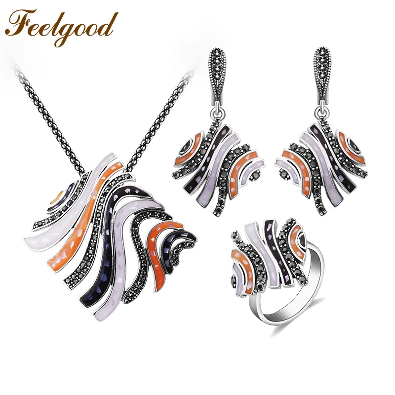 multicolor Feelgood Летний стиль Серебряный цвет медный комплект ювелирных изделий многоцветные эмаль и черные стразы большой эффектный кулон ожерелье наборы - Окраска металла: multicolor
