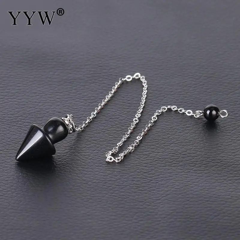 black agate YYW розовый с кварцевым тигровым глазом маятник конус Натуральный Камень Конус Подвески с цепочкой придавая Исцеление ювелирные изделия для женщин мужчин - Окраска металла: black agate