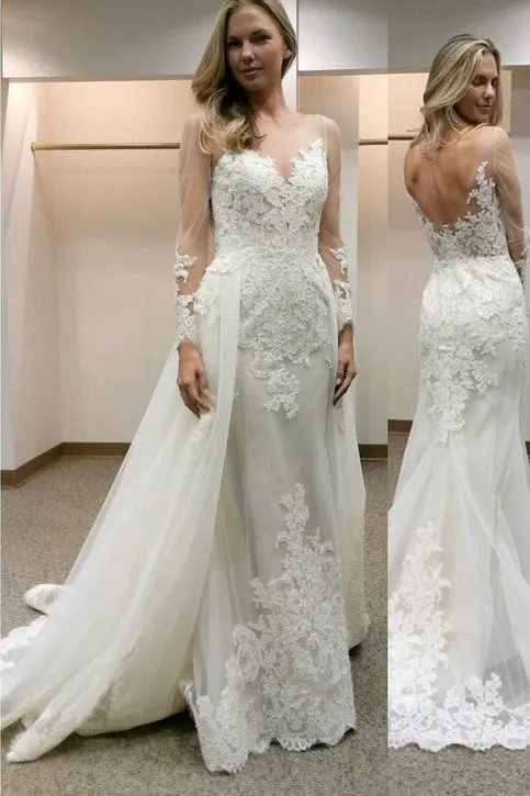 

See Through Neckline Wedding Dress 2019 With Moved Train Appliques Long Sleeves Wedding Gowns Custom Made Vestido Novia