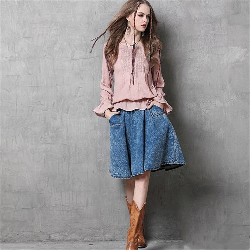 Женская джинсовая юбка винтажная эластичная с карманами в стиле ретро 2020 | одежда