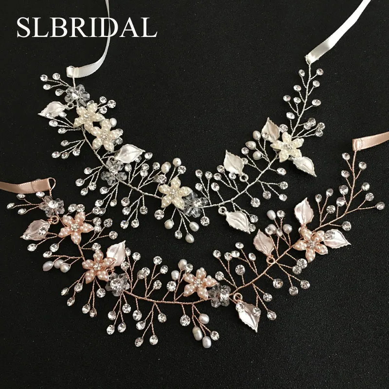 SLBRIDAL ручной работы проводной кристалл горный хрусталь пресноводный жемчуг цветок свадебные волосы лоза оголовье свадебный головной убор аксессуары для волос