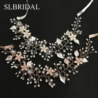slbridal handmade wired crystal rhinestone freshwater pearls flower wedding hair vine headband bridal headpiece hair accessories