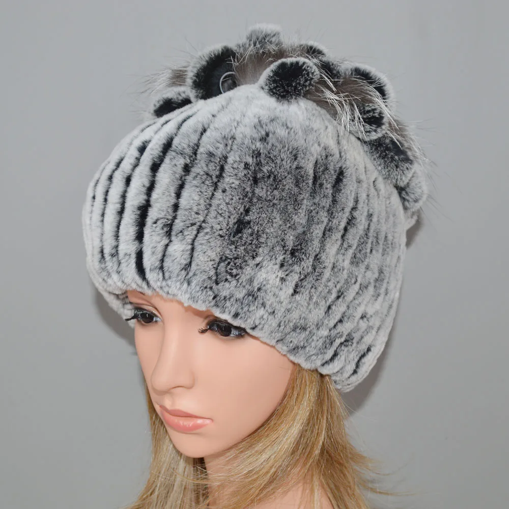 Women Natural Real Rex Rabbit Fur Beanies Hats Winter Warm Knit Genuine Caps New Female With Fox Skullies Cap | Аксессуары для