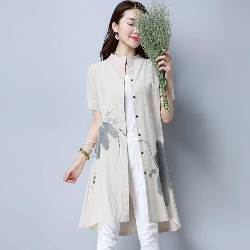 

Spring 2017 new Ink Tops Women Causal Vintage Cotton Linen Shirt Short sleeves Loose Long Irregular Cardigan Shirt