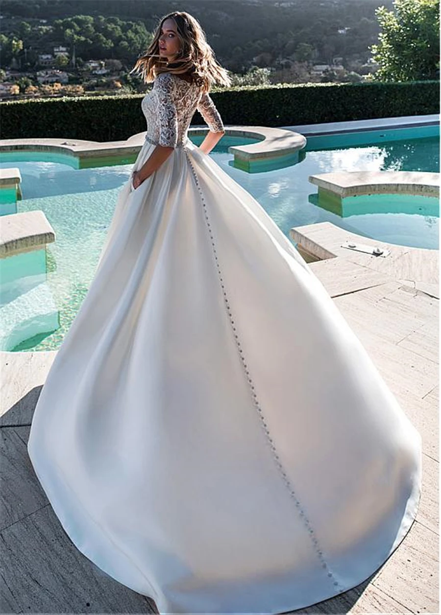 Изысканные матовые атласные свадебные платья трапециевидной формы с вырезом лодочкой и кружевными рукавами длиной до локтя, свадебные платья с карманами