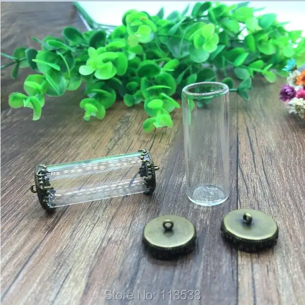 20sets/lot 40*15mm one sides open tube glass globe findings set silver/bronze/gold color 15mm crown base bottle jewelry | Украшения и