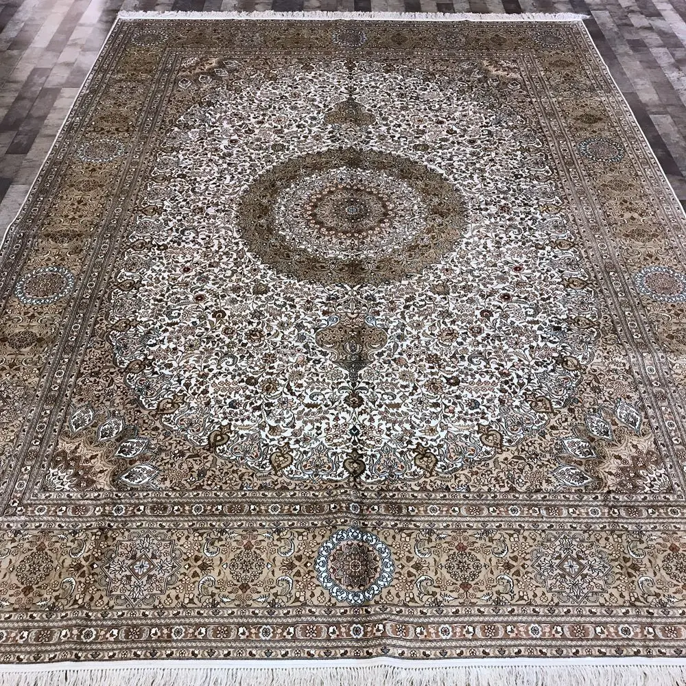 YILONG 9'x12' Традиционный персидский дизайн шелковый ковер белый и желтый