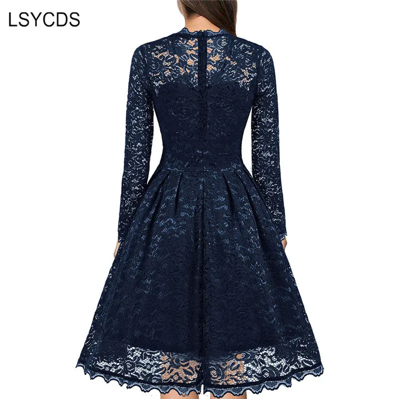 LSYCDS Lace Vintage Dress Women Long Sleeve V Neck Elegant Ladies Rockabilly Vestidos Winter Casual Office Party for Woman | Женская