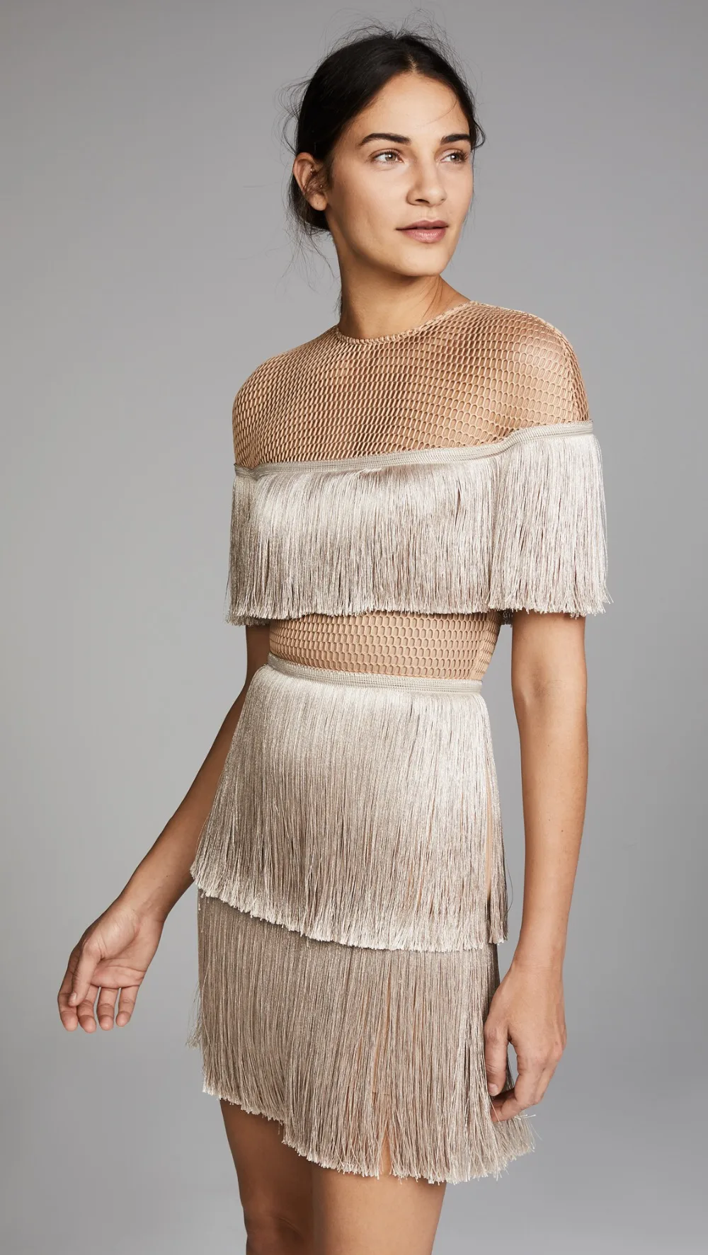 Halinfer New summer women dress sexy body O-Neck Mesh Tassel Mini Rayon Bandage celebrity party dresses vestidos