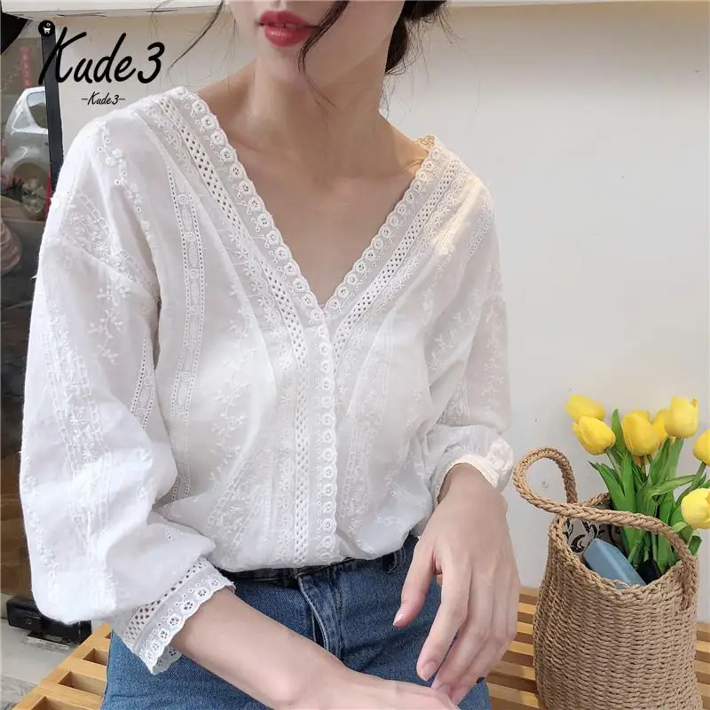 100% хлопковая прозрачная блузка женская Свободная тонкая белая с v-образным
