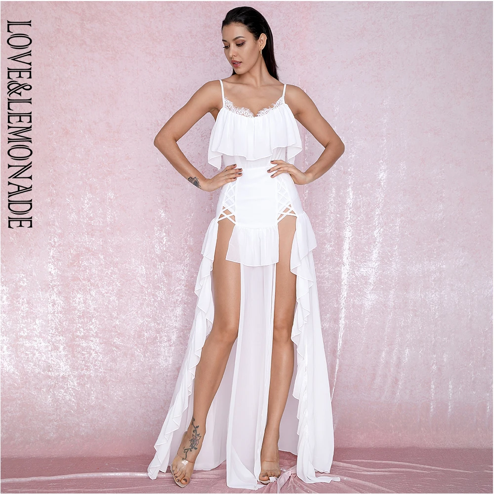 Женское пляжное платье Love&ampLemonade длинное белое кружевное шифоновое с разрезом