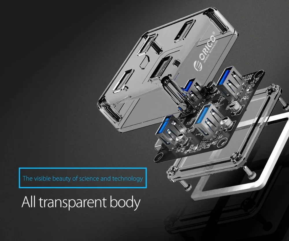 ORICO Прозрачный USB 3,0 концентратор 4 порта Высокоскоростной USB разветвитель с зарядным интерфейсом для Windows Mac Linux ноутбука ПК USB