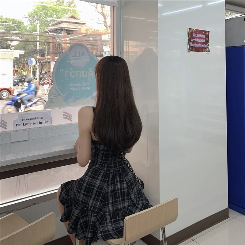 Летняя женская Harajuku Сексуальная Ретро клетчатая подвеска с высокой талией