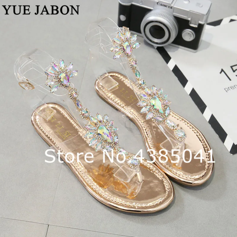

2021 Summer woman sandals women Rhinestones Chains Flat Sandals Thong Crystal Flip Flops Bohemia Style Crystal Beach Shoes