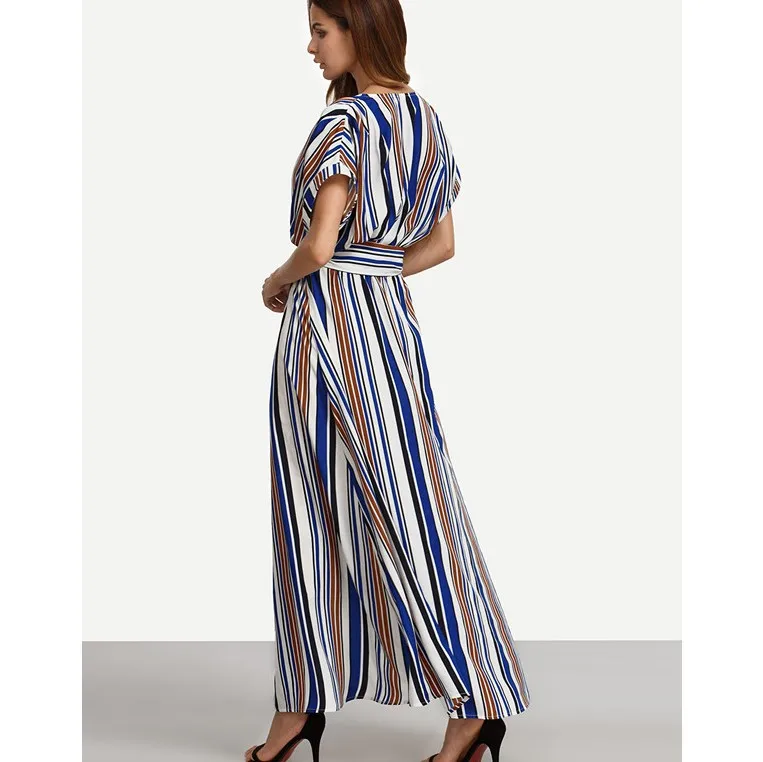 Женское платье в полоску с коротким рукавом и V-образным вырезом | Женская одежда