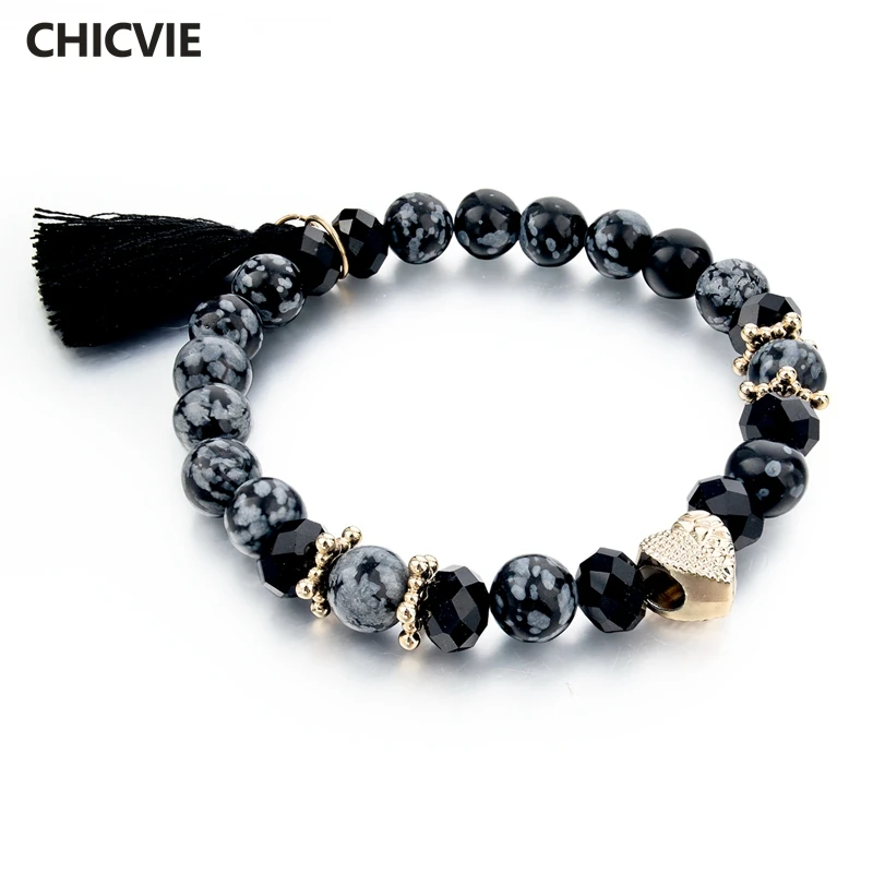 

CHICVIE Vintage Black nature Stones Bracelet For Women Girls Tassel Charm Bracelets & Bangles Gold Color Bead Jewelry SBR150353