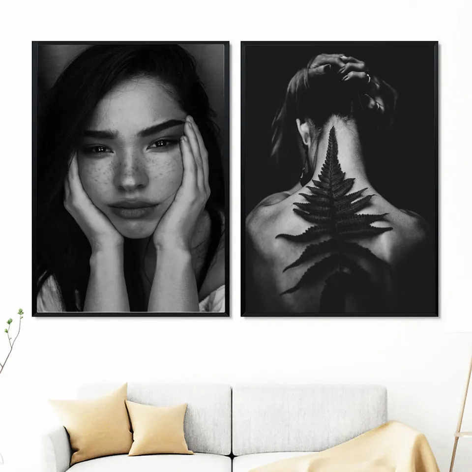 Постеры и принты Женский портрет абстрактный Черный Белый Лист Веснушка Холст