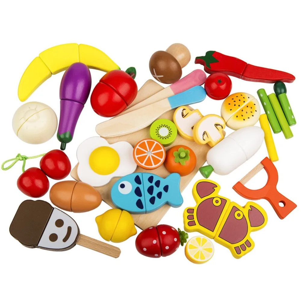 Игровой набор для еды 30 шт. деревянный разделочный магнитный кухонный набор для фруктов и овощей обучающая игрушка для детей дошкольного возраста