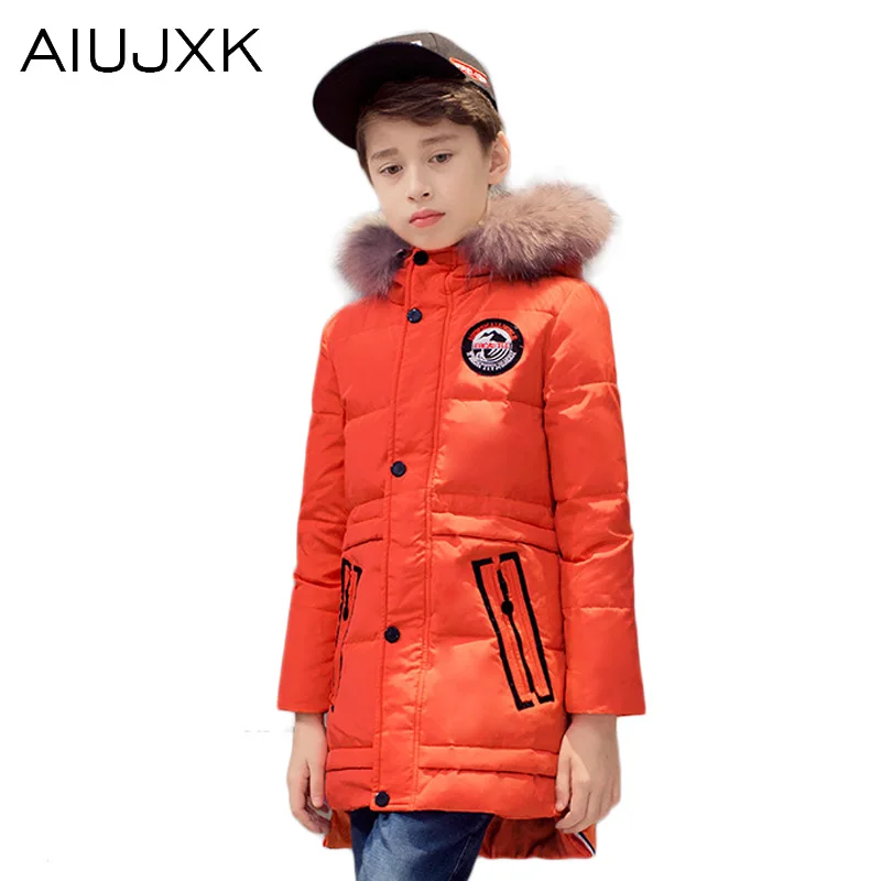 Новая Детская Белая Утка Пуховик Большой Мальчик Случайный натуральный Мех