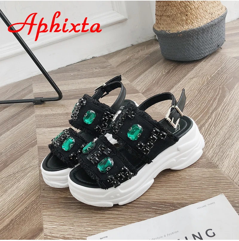 Aphixta Туфли на платформе и танкетке для дамские босоножки «Бриллиантовые» туфли Для женщин ткань Стразы с украшением в виде кристаллов Римские сандалии для девочек
