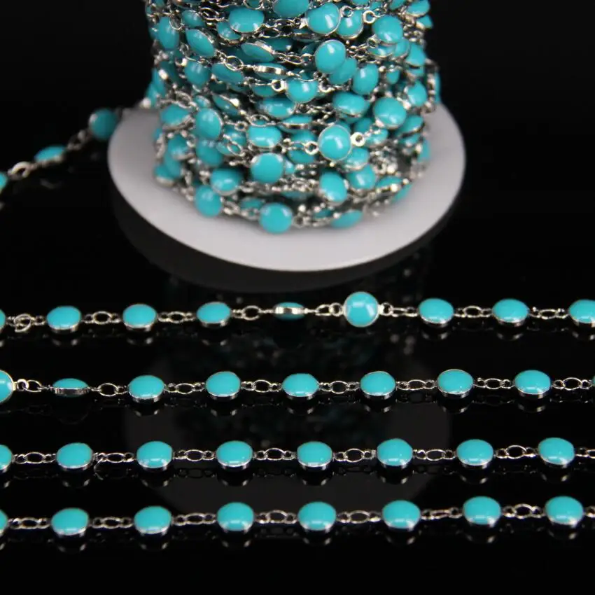 

6mm Turquoises Blue Lampwork Bead Copper Chain,Drip Oil Coin Glass Flat Round beaded Link Silver Wire Wrapped Rosary Chain