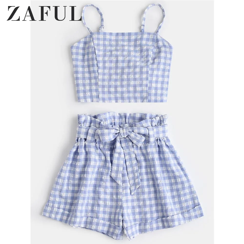 ZAFUL Клетчатый топ с поясом и шортами из комплекта Летние ремни для Тонкий Топ
