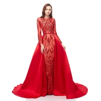 2022 long sleeve red sequined lace fishtail evening dress big tail long dress sexy prom cocktail dress
