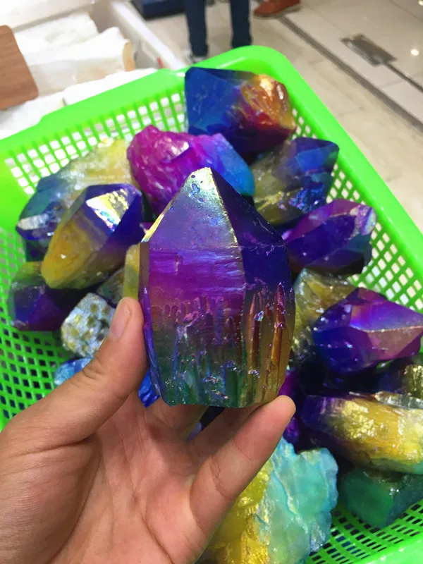 Красивый Красочный Фиолетовый Желтый Синий кварцевый кристалл Aura титановый