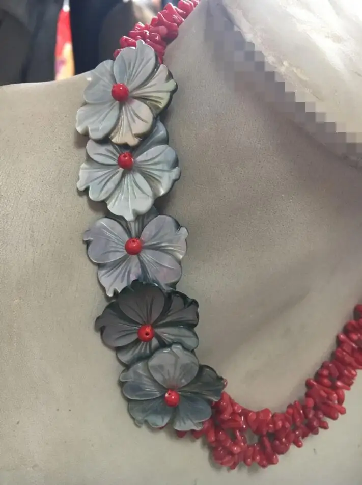 2strs 18 ''серебро натуральный красный коралловый ракушка цветок ожерелье |