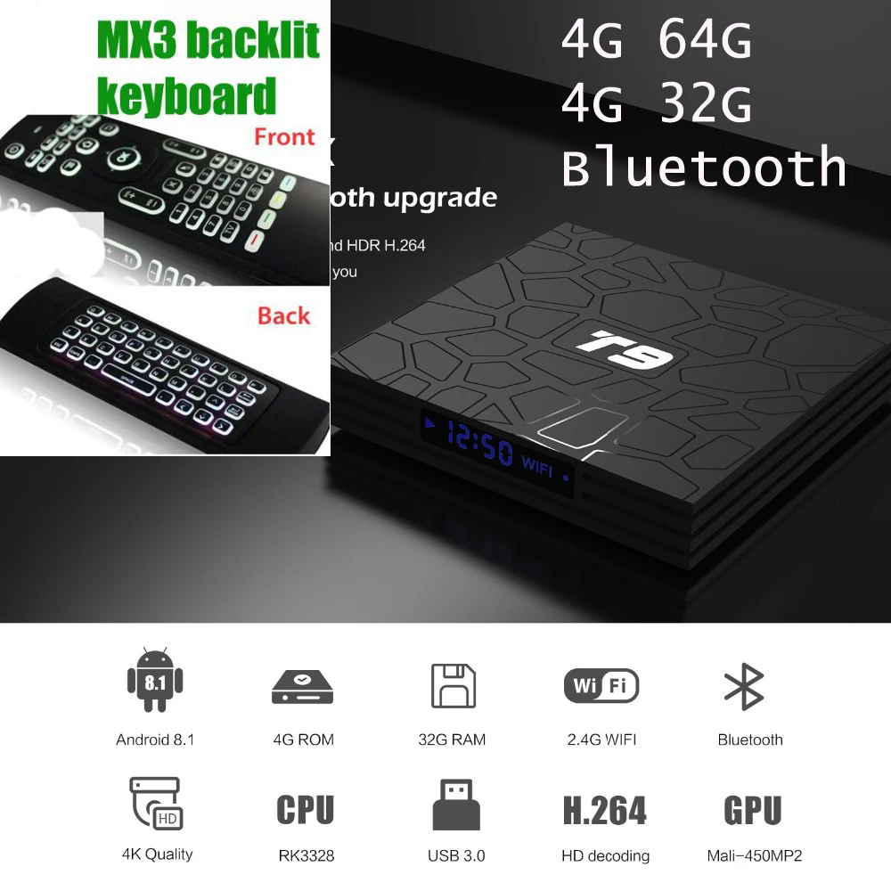 ТВ Приставка smart T9 4 + 32/4/64 ГБ Android 8 1 поддержка bluetooth 1000 Мбит/с|ТВ-приставки и