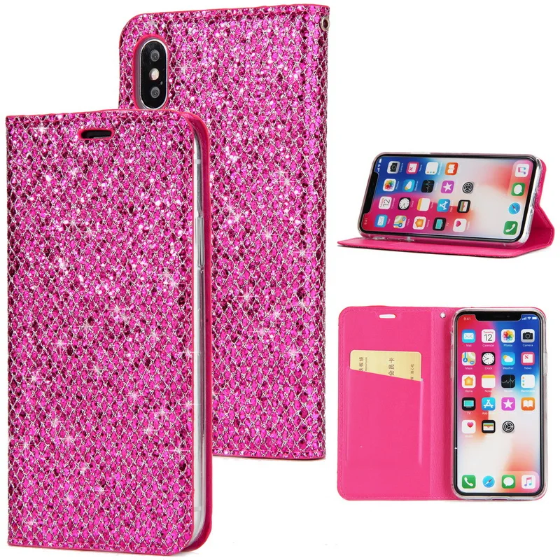 Hot Pink Магнитный Блестящий флип-кошелек, чехол для телефона для iPhone X, 7, 7 Plus, 8, 8 Plus, 6, 6 plus, 6 S, s Plus, кожаный держатель для карт, полный Чехол - Цвет: Hot Pink