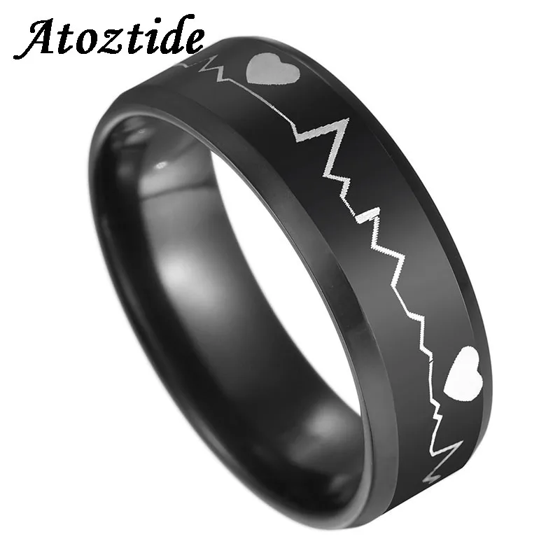 Atoztide Stainless Steel Black 8mm Heartbeat Ring For Couples Sun And Moon His crazy Her Weirdo Promise Anniversary Gift | Украшения и