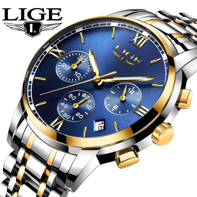 Часы наручные LIGE мужские с хронографом Брендовые спортивные водонепроницаемые