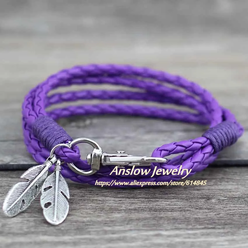 Purple Anslow, модные ювелирные изделия, кожаные браслеты дружбы и браслеты, браслет с перьями для женщин, Men12 цветов, LOW0172LB - Окраска металла: Purple