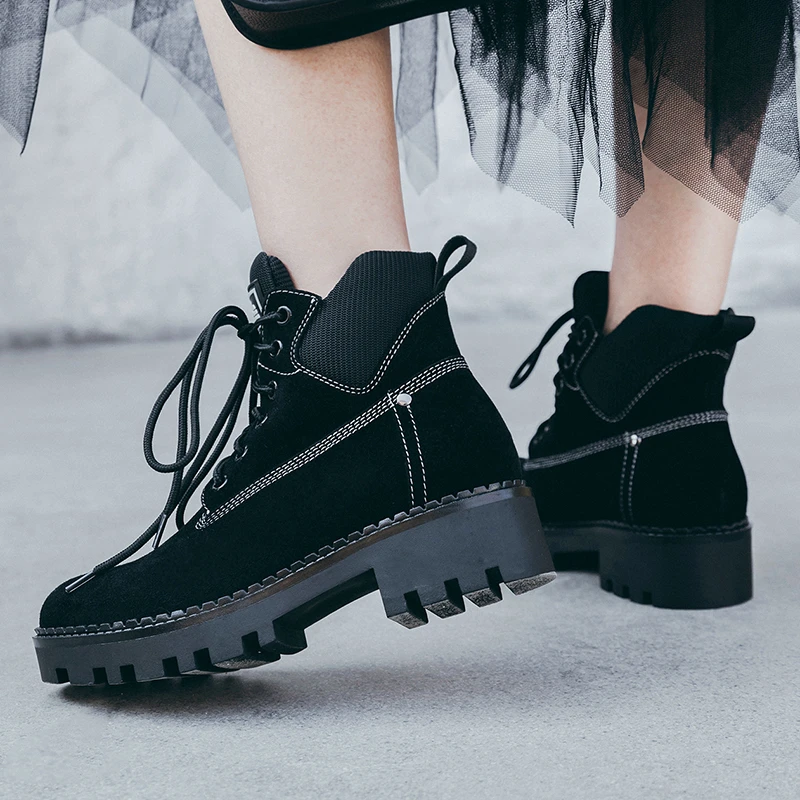 

EshtonShero Women Ankle Boots Shoes Woman Square Med Heel Leather Round Toe Platform Black Ladies Motorcycle Boots Size 3-9